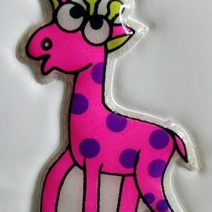 Sticker gonflé vintage des années 1980, girafe rose tachetée de pourpre, adorable !