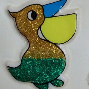 Autocollant gonflé scintillant vintage oiseau pélican des années 1980, 1990, 2000, support original