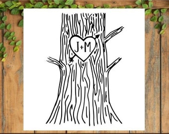 Tree with Carved Heart and initials, SVG/DXF glass block light, Couple Cork Bank, Custom, Love, Wedding Invitation, Rustic, Valentine Gift