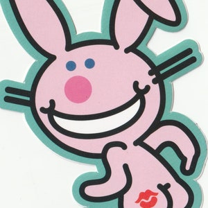 Sticker vintage des années 1980 des années 1990 des années 2000 : Jim Benton's It's Happy Bunny autocollant en vinyle découpé pour distributeur automatique, Kiss My Butt