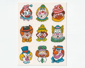 Vintage 1980s 1990s Sticker Sheet:  Eureka Happy Circus Clowns, Bright and Cheery!