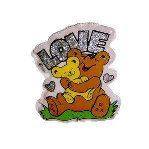 Sticker bouffant scintillant vintage maman et bébé ours en peluche « Love » des années 1980, 1990, 2000, par Gordy, au dos de l'original