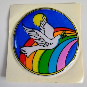 Sticker gonflé vintage années 80 et 90 colombe de la paix blanche et arc-en-ciel - Magnifique