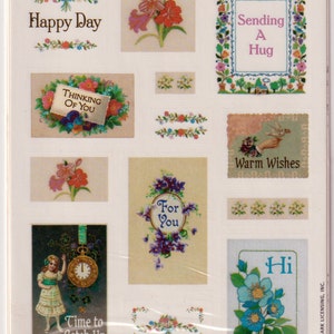 Feuille d'autocollants vintage des années 1980, 1990, 2000, salutations victoriennes, phrases, correspondant ou écriture de lettres