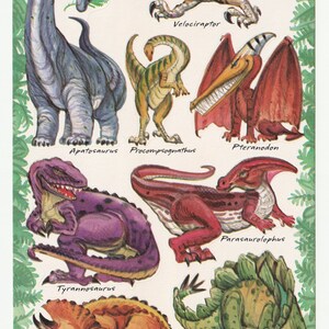 Feuilles d'autocollants de dinosaures AGC des années 1980 et 1990, identification avec noms, vélociraptor, tricératops, noms scientifiques d'espèces