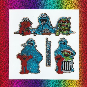1980s 1990s Kodak Vending Machine Stickers, Sesame Street&#39;s Elmo, Cookie Monster and Oscar The Grouch Prismatic Mod