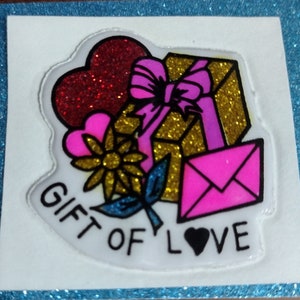 Sticker gonflé scintillant vintage des années 1980, Le cadeau de l'amour, Happy Mail, cadeaux, au dos de l'original