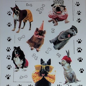 Feuille d'autocollants poinçonnés vintage des années 1990, 2000, avec des chiens, des chiots, un chiot habillé en vêtements de cérémonie, photo réaliste