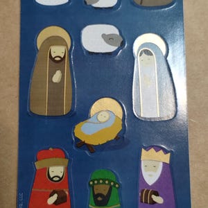 Feuille d'autocollants unique vintage des années 1990, crèche moderne bleu royal, rare, unique