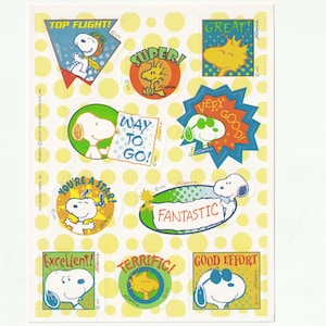 Vintage 1980s 90s Sticker Sheet: Hallmark Peanuts, Charlie Brown, Top Flight Reward Sticker, Snoopy as Red Baron, Way to Go!