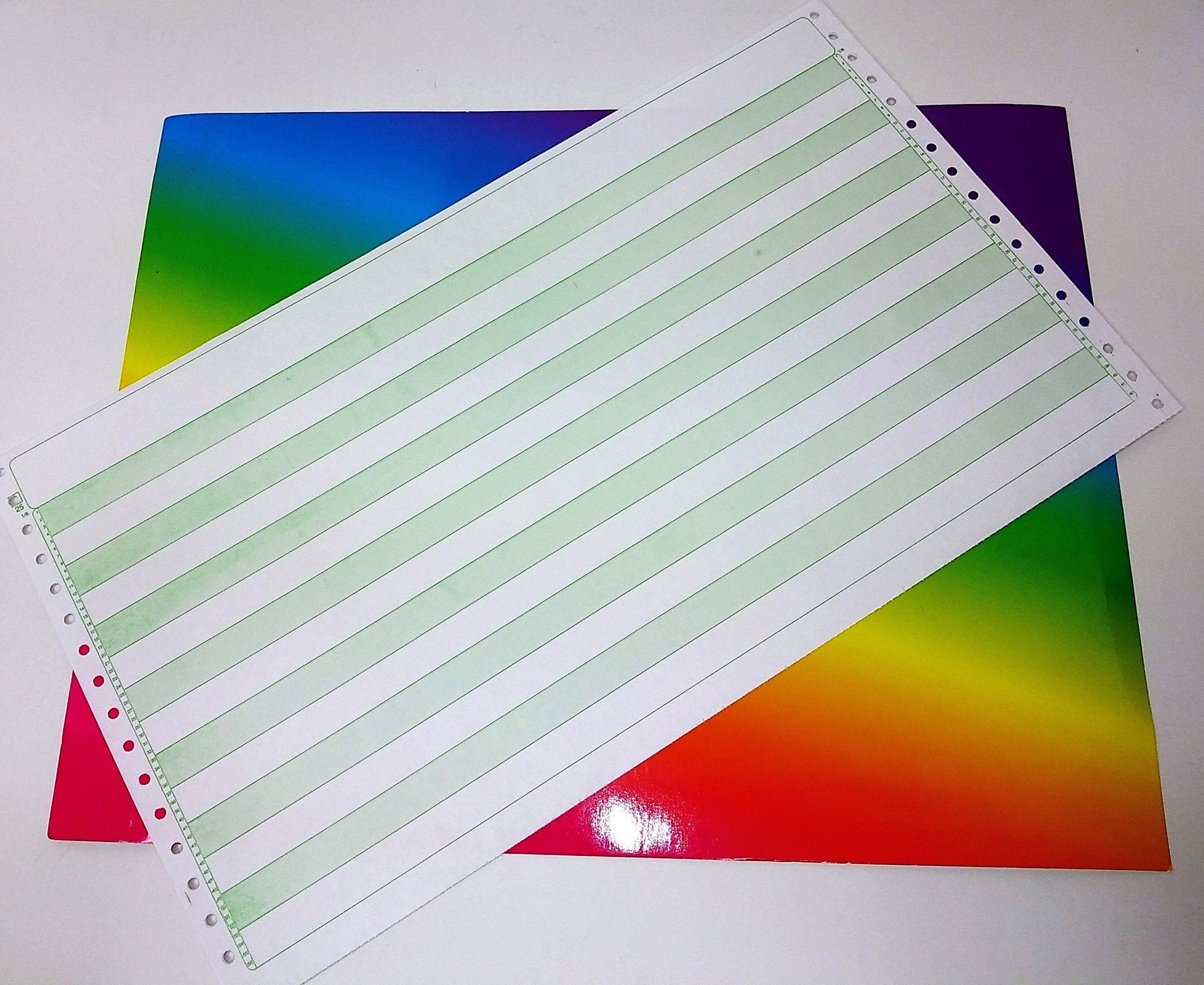 25 Sheets Pin Fed Vintage Computer Paper, Green/white Stripe