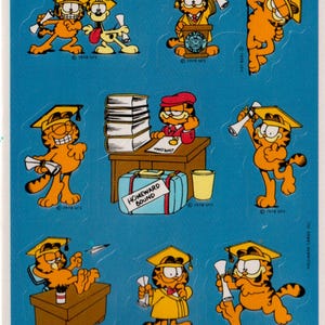 Stickers vintage des années 1980 et 1990, Garfield le chat par Jim Davis et Hallmark, feuille d'autocollants de remise des diplômes - très rare (Odie aussi !)