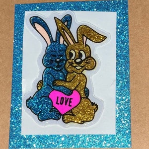 1980s Vintage Glitter Puffy Sticker, Gold & Blue Bunny Rabbits Hugging, Love, Original Back