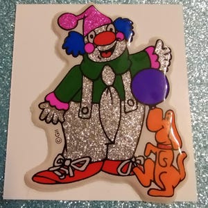 Grand autocollant gonflé vintage authentique de clown et de chien scintillant des années 1980, par Gordy - Rare et restauré, marque déposée