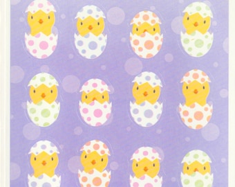 Vintage 1980s 1990s 2000s Hallmark Easter Hatching Chicks Sticker Sheet, Cute Baby Chicks Popping out of Eggs, Purple Background