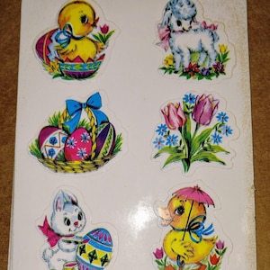 Feuille d'autocollants Dennison vintage des années 1980, poussins de Pâques aux couleurs vives du printemps, lapins et œufs, agneau, n° 80-967