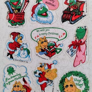 Feuille d'autocollants unique vintage des années 1980 et 1990, Noël des Muppets, Kermit et Miss Piggy - très rare * défaut *