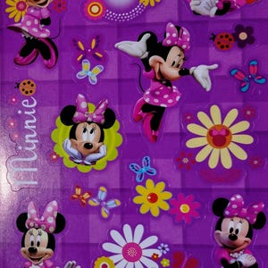 Stickers vintage des années 1980, 1990, feuille d'autocollants violet AGC Minnie Mouse, fleurs de printemps