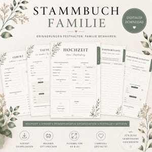 May include: A digital family record book template featuring pages for birth, baptism, wedding, passwords, and family organisation. The design includes botanical leaf illustrations, organised text fields, and headings in German. It is a printable document.