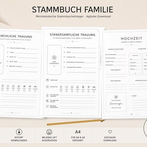 May include: Three white pages with black text and line graphics for a family record book. The pages feature German headings including STAMMBUCH FAMILIE, KIRCHLICHE TRAUUNG, STANDESAMTICHE TRAUUNG, and HOCHZEIT, with sections for photos, dates, and notes.
