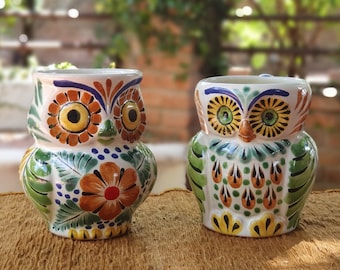 Owl Coffee Mug Set of 2 Ceramic Majolica / Talavera Mexico handcrafts Gorky Gonzalez couple present