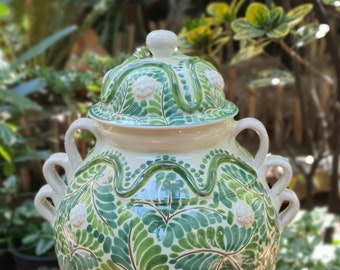 Decorative Ceramic Vase W/strawberries Green Milestones  Talavera / Mayolica Pottery