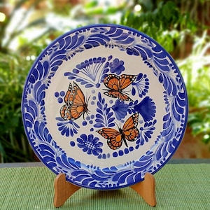 Mexican Plates Monarch Butterfly Blue and White talavera mayolica mexico by gorky gonzalez pottery