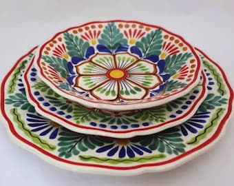 Flower Dish Set of 3 pieces MultiColors Mayolica / Talavera Mexico handpainted