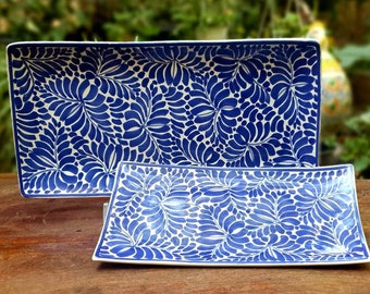 Tray Rectangular Plates Set of 2 Pieces Milestones Pattern Blue and White DinnerWare Majolica / Talavera handcrafts Gorky Gonzalez Mexico