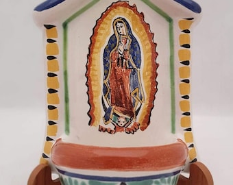 Lady of Guadalupe Holy Water Fountain 8*5 " MultiColors Majolica / Talavera Ceramics