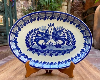 Love Birds Oval Plate 12x8" Blue and White handcrafts mexico summer table ware talavera