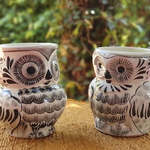 Owl Coffee Mug Set of 2 pieces 10.5 Oz Black and White Mayolica Ceramic Guanajuato Mexico