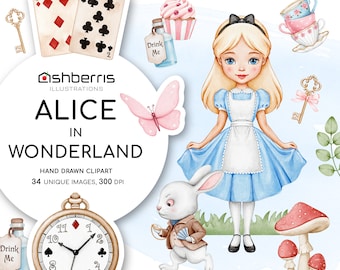 Alice In Wonderland Clipart Elements Watercolor Alice Clip Art Wonderland Art Mad Hatter Tea Party Eat Me Drink Me White Rabbit Cheshire Cat