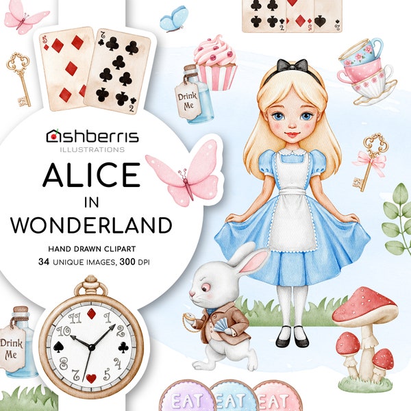 Alice In Wonderland Clipart Elements Watercolor Alice Clip Art Wonderland Art Mad Hatter Tea Party Eat Me Drink Me White Rabbit Cheshire Cat