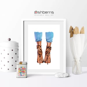 Leopard Shoes Woman In Jeans Fashion Illustration Print High Heel Shoes Painting Fashion Digital Print Modern Fashion Print Glamour Wall Art