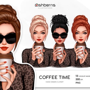 Girl With Coffee Clipart, Coffee Pattern, Fashion Illustration, Modern Fashion Clip Art, Lady Boss Clipart Elements, Coffee Girl Clipart