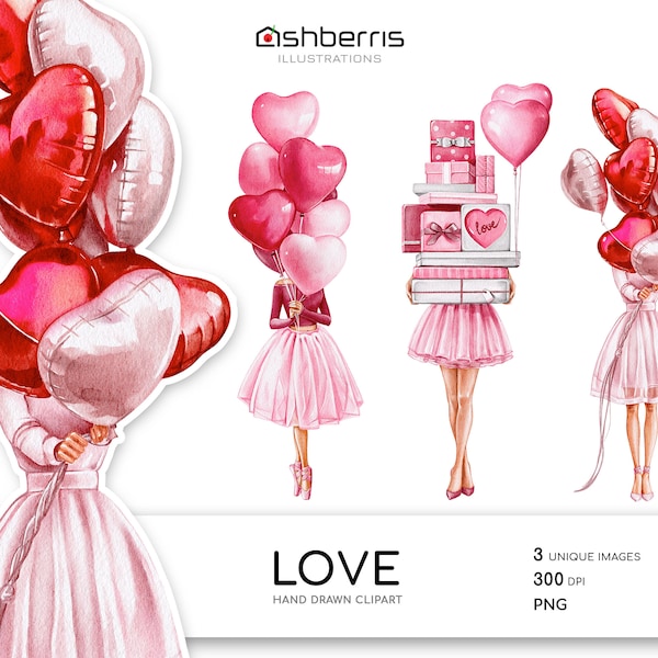 Valentine's Day Pink Hearts Clipart, Love Balloon, Fashion Clipart, Fashion Girl Love Clip Art Watercolor Elements, Digital Download Art