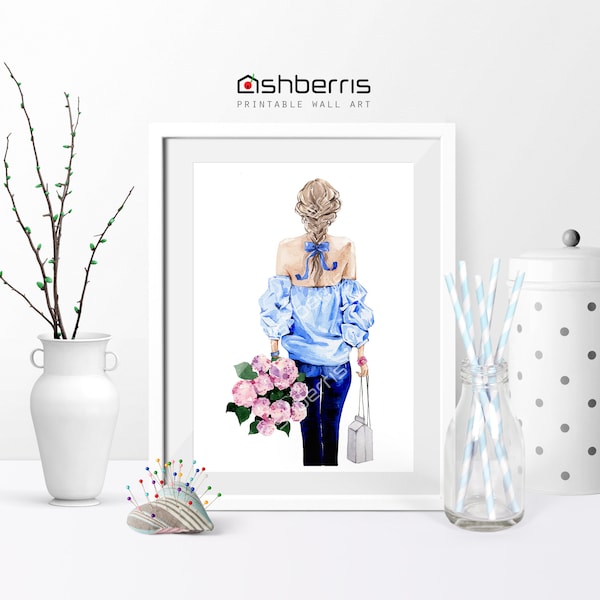 Watercolor Girl Painting Fashion Girl Illustration Print Girl With Flowers Art Print Fashion Wall Art Glamour Wall Decor Glam Printable Art