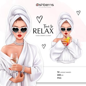 Time To Relax Clipart, Fashion Girl With Wine Glass, Modern Fashion Illustration, Fashion Clip Art, Spa Time Clipart Spa Relaxation Bathrobe