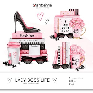 Pink Fashion Lady Boss Printable Clipart, Pink Flowers PNG, Digital Watercolor Clipart Elements, Modern Fashion Clipart, Fashion Books Art