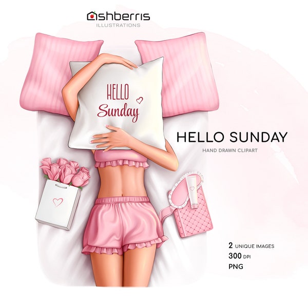 Hello Weekend Fashion Girl Clipart, Illustration Digital Download Art, Pink Fashion Illustration Clipart Relax png Pink Pillow Love To Sleep