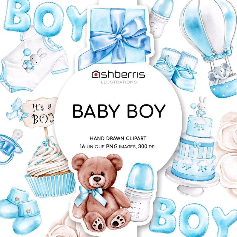 Baby Boy Clipart Watercolor Art Set Baby Shower Clipart Etsy