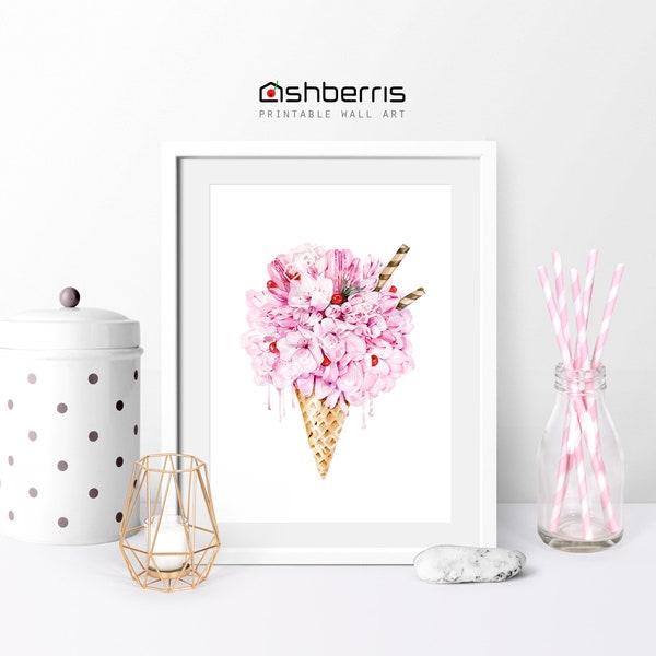 Sakura Print Sakura Wall Art Printable Floral Ice Cream Waffle Cone Watercolor Flower Painting Print Floral Bouquet Print Pink Home Decor