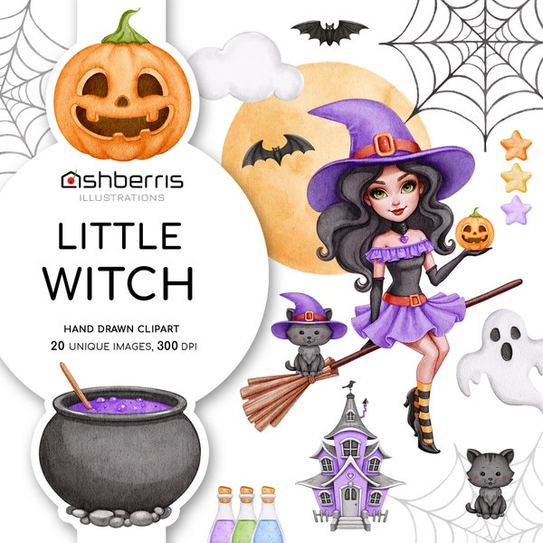 Halloween Witch Clipart, Witch Riding Broom, Halloween Clip Art, Watercolor Clipart Elements, Pretty Witch, Black Cat, Horror Character png