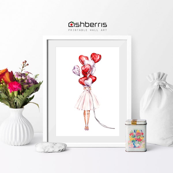 Watercolor Girl With Balloon Print Download Printable Wall Art Valentines Day Balloon Fashion Home Decor Love Wall Art Watercolor Printable