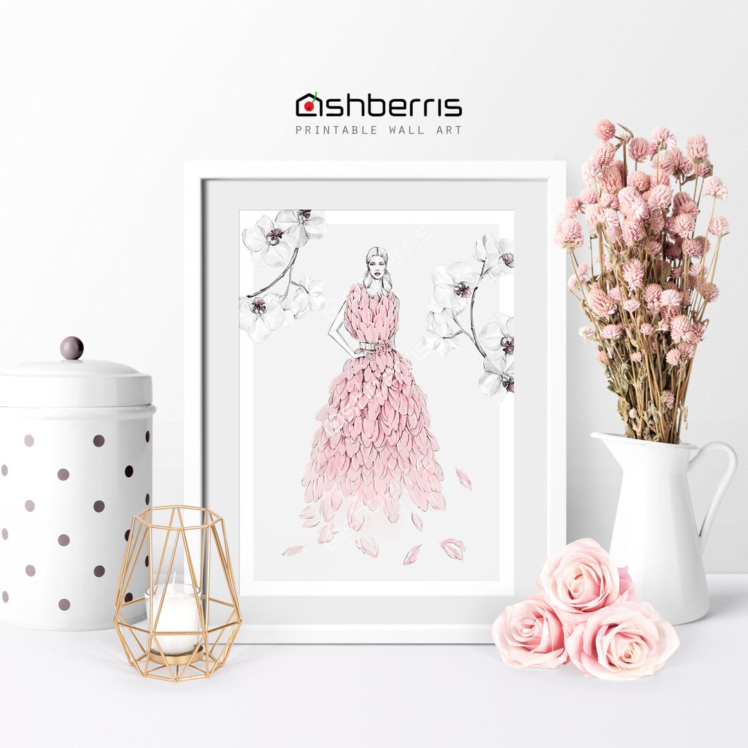 Fashion Feather Dress Girl Fashion Print Wall Art Wedding Poster Fashion Illustration Print