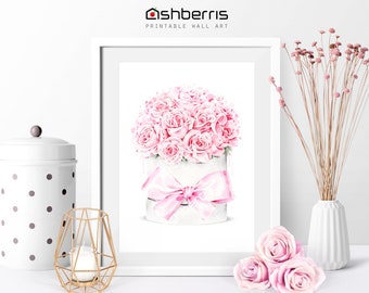 Watercolor Roses Gift Box With Flowers Fashion Illustration Wall Art Print Pink Fashion Wall Print Bedroom Girl Decor Wall Flower Wall Decor