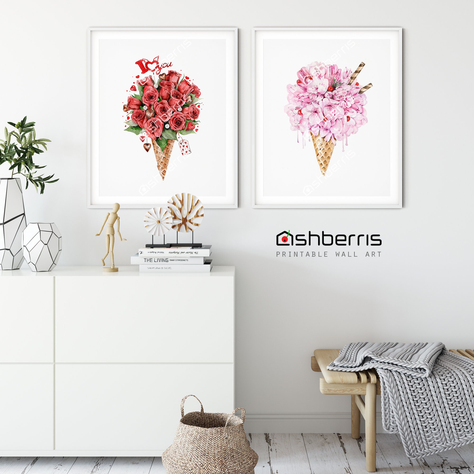 Pink Floral Printable Wall Art Set of 2 Flower Print Art Set Etsy