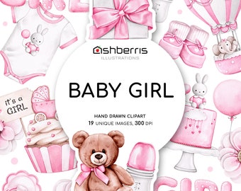 Baby Girl Clipart Elements, Pregnancy Clip Art, Newborn Watercolor Clipart, Baby Girl Clip Art, Baby Shower Clipart Pink, Newborn Clipart