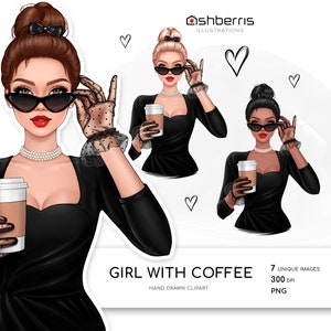 Girl With Coffee Clipart, Lady Clipart, Fashion Illustration, Modern Fashion Clip Art, Lady Boss Clipart Elements, Coffee Girl Clipart